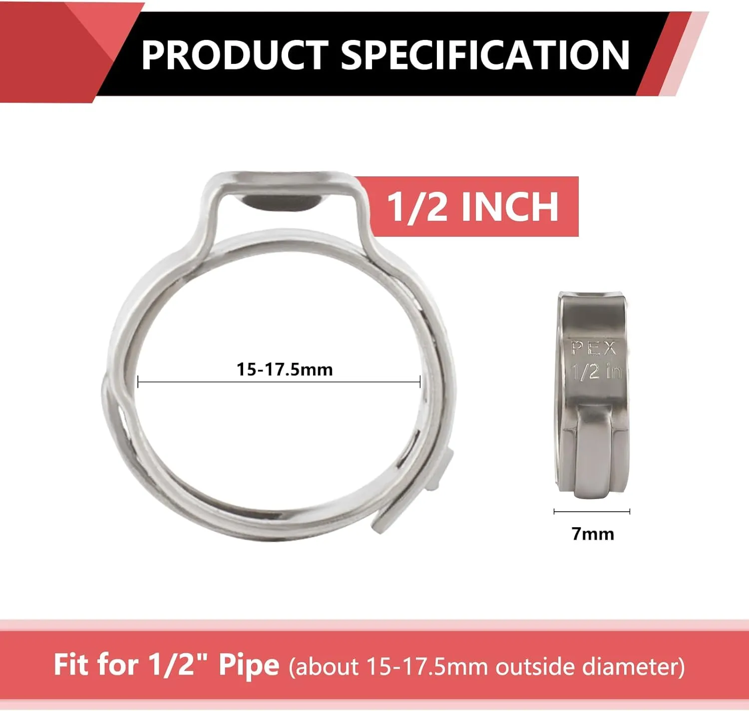 100-Pack EFIELD 1/2-inch Stainless Steel Pex Cinch Clamp Rings for Pex Tubing Pipes