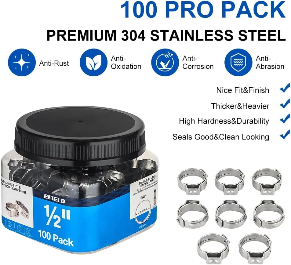 100-Pack EFIELD 1/2-inch Stainless Steel Pex Cinch Clamp Rings for Pex Tubing Pipes