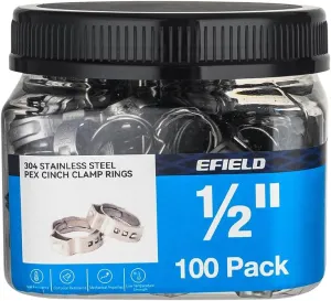 100-Pack EFIELD 1/2-inch Stainless Steel Pex Cinch Clamp Rings for Pex Tubing Pipes