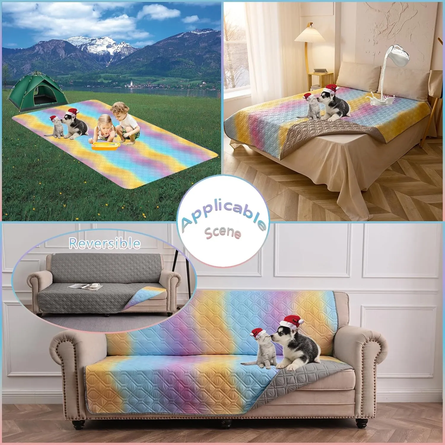 100% Waterproof Dog Bed Cover 30x70 inch Reversible Changing Pad Reusable Camping Mat for Kids/Pet/Dog/Cat Washable Geometric Embroidery Blanket Patchwork Rainbow Ombre Printed Gray