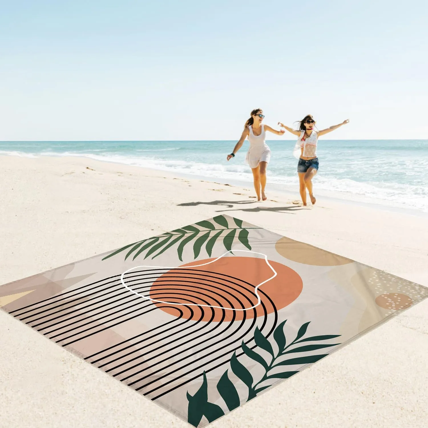 110''×118'' Large Sandproof Beach Blanket for 4-8 Adults, Waterproof Sand Free Beach Mat with 4 Stakes, Polyester Lightweight Boho Outdoor Travel Mat for Picnic, Travel, Camping, Hiking