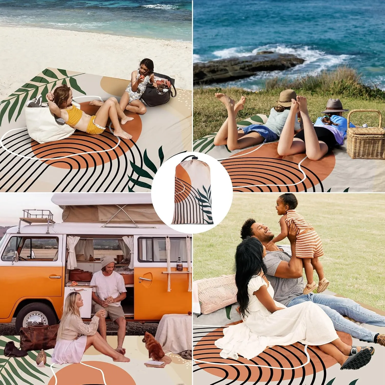 110''×118'' Large Sandproof Beach Blanket for 4-8 Adults, Waterproof Sand Free Beach Mat with 4 Stakes, Polyester Lightweight Boho Outdoor Travel Mat for Picnic, Travel, Camping, Hiking