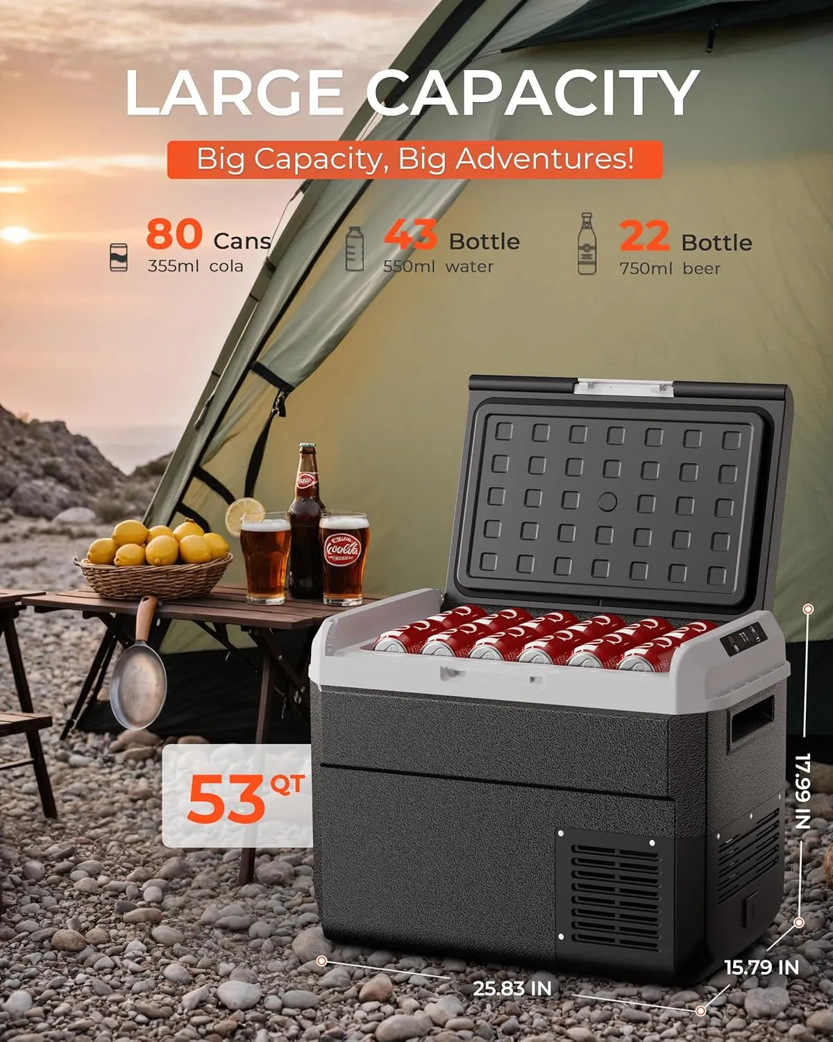 12 Volt Refrigerator, 53 Quart Electric Cooler, Car Fridge 12V/24V DC 110~240V AC, Portable Freezer -4℉~68℉, APP Control, Portable 12V Refrigerator Fridge for Truck, RV, Camping,Travel
