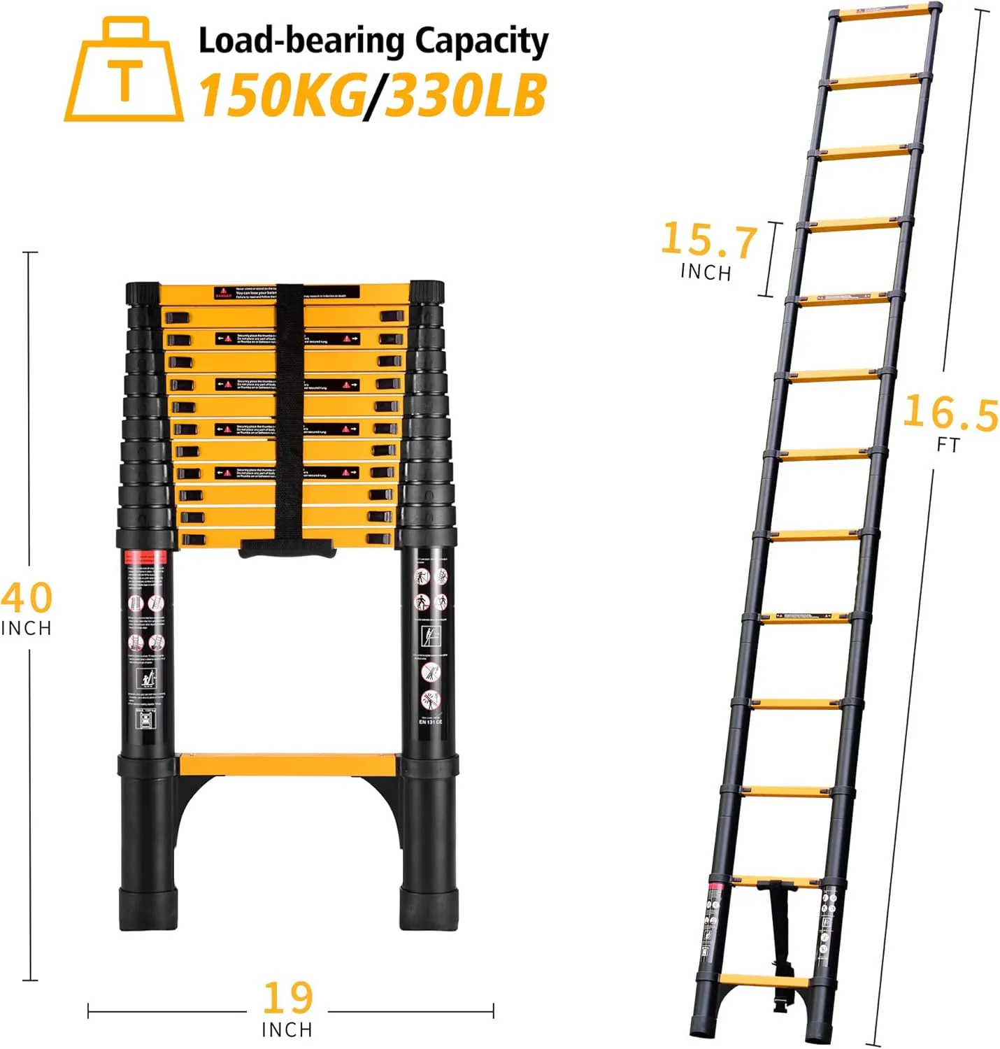 16.5FT Telescoping Ladder, Aluminum Extension Folding Ladder Meets EN131 Standard, Multi-Purpose Compact Telescopic Ladder for Household or Outdoor Work, 330lbs Max Capacity