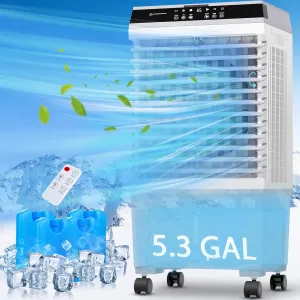 1800 CFM Swamp Cooler,Evaporative Air Cooler with 5.3 Gal Water Tank,Remote Control,12H Timer, 120° Oscillation,4 Ice Boxes, 2 Modes,3 Speeds, Portable Air Cooler for Bedoom,Home,Office Light Grey