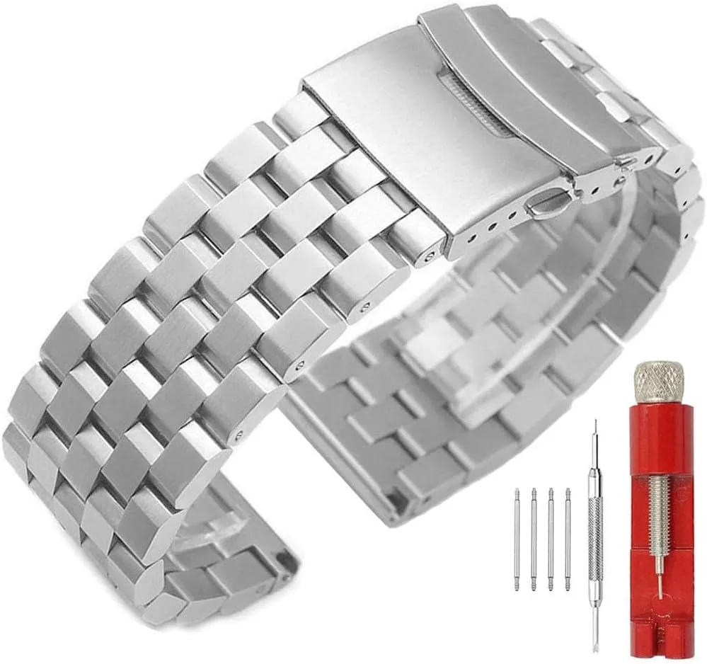 18mm/20mm/22mm/24mm Metal Brushed Chain Watch Band Solid Stainless Steel Watch Bracelet Strap, Compatible with Most Traditional Watches for Men and Women Silver/Black