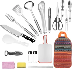 19-Piece Outdoor Camping Utensil Set with Storage Bag – Complete Cooking Kit for Picnic, BBQ, RV Camping & Travel – Durable, Compact, Food-Grade Stainless Steel, Easy to Carry & Clean