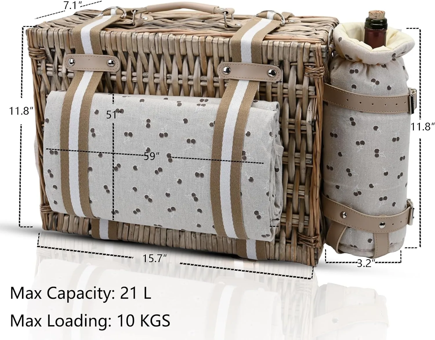 19Pcs Picnic Basket Set for 2 with Insulated Liner and Waterproof Picnic Blanket and Wine Pouch,Cherry Coffee