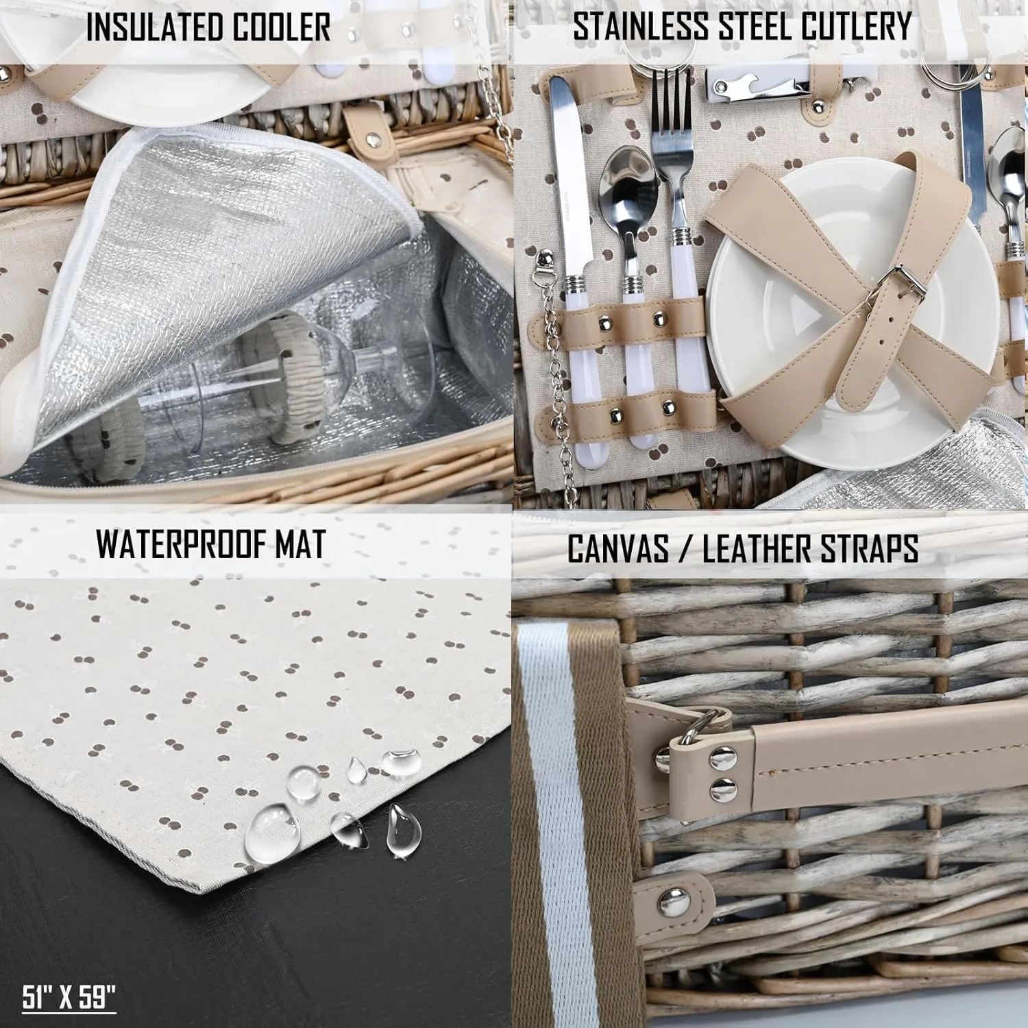 19Pcs Picnic Basket Set for 2 with Insulated Liner and Waterproof Picnic Blanket and Wine Pouch,Cherry Coffee