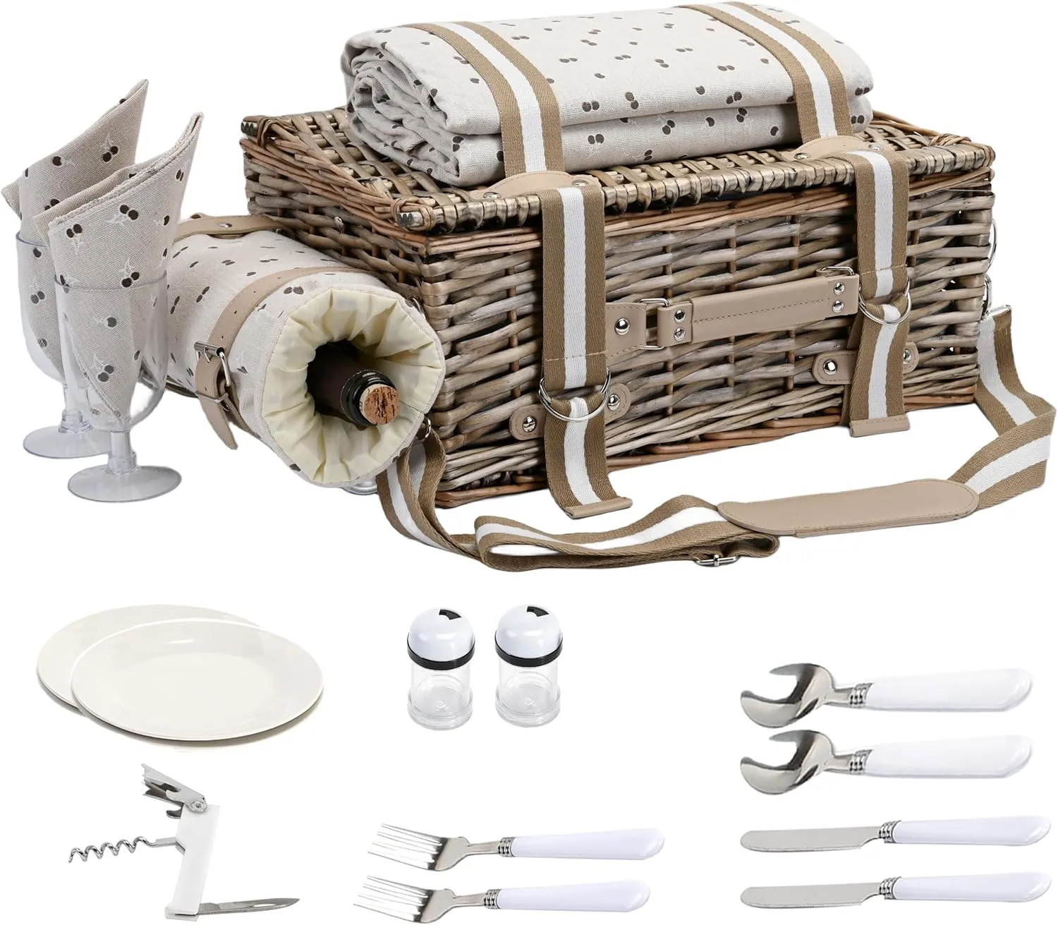 19Pcs Picnic Basket Set for 2 with Insulated Liner and Waterproof Picnic Blanket and Wine Pouch,Cherry Coffee