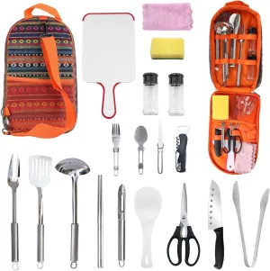 19Pcs Portable Picnic Cookware Camping Cooking Utensil Kit Outdoor Kitchen Equipment Gear Campfire Barbecue Appliances with Storage Bag for Hiking Picnic Outdoor