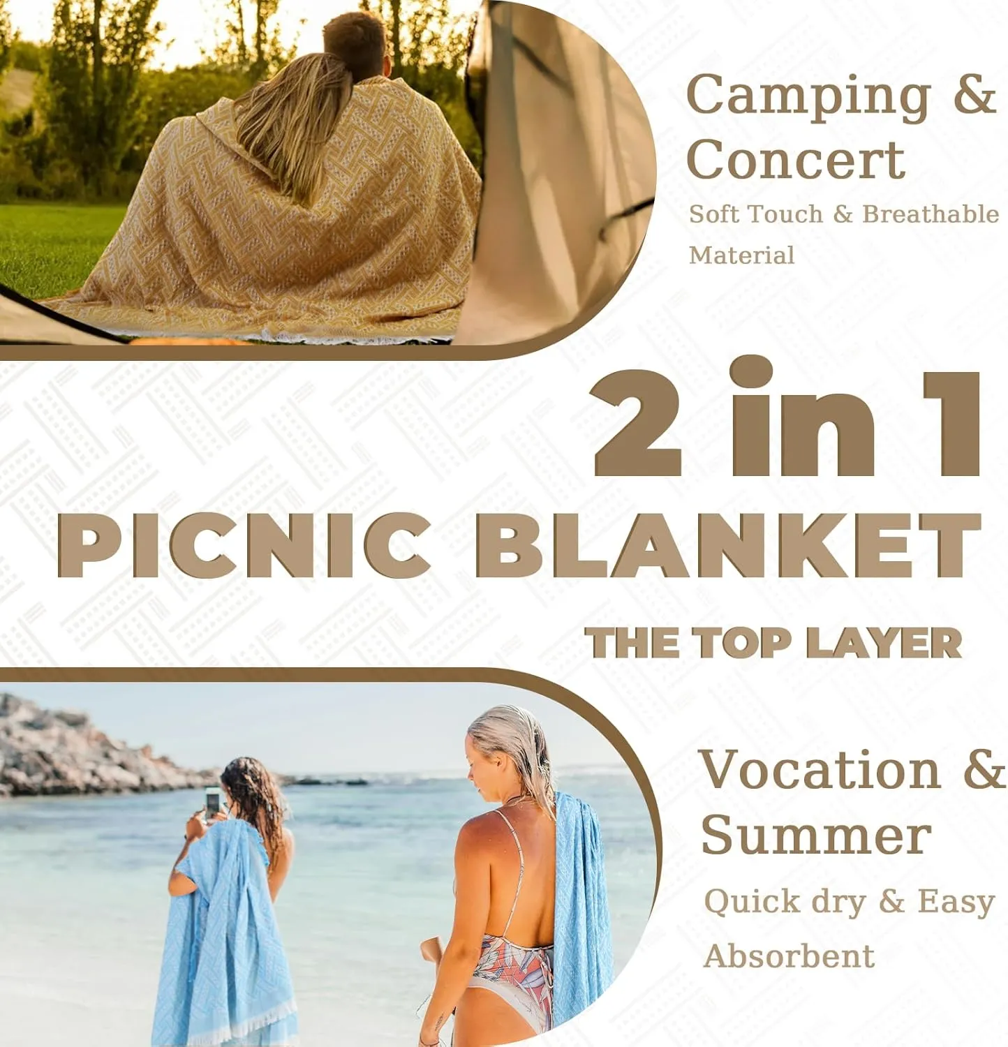 2 in 1 Extra Large Outdoor Picnic Blanket Camping Mat Lightweight Oversized Giant Turkish Boho Beach Towel Mexican Serape Baja Cobijas Mexicanas Para Mesa Park Stadium Outside Festival Grass Hammock