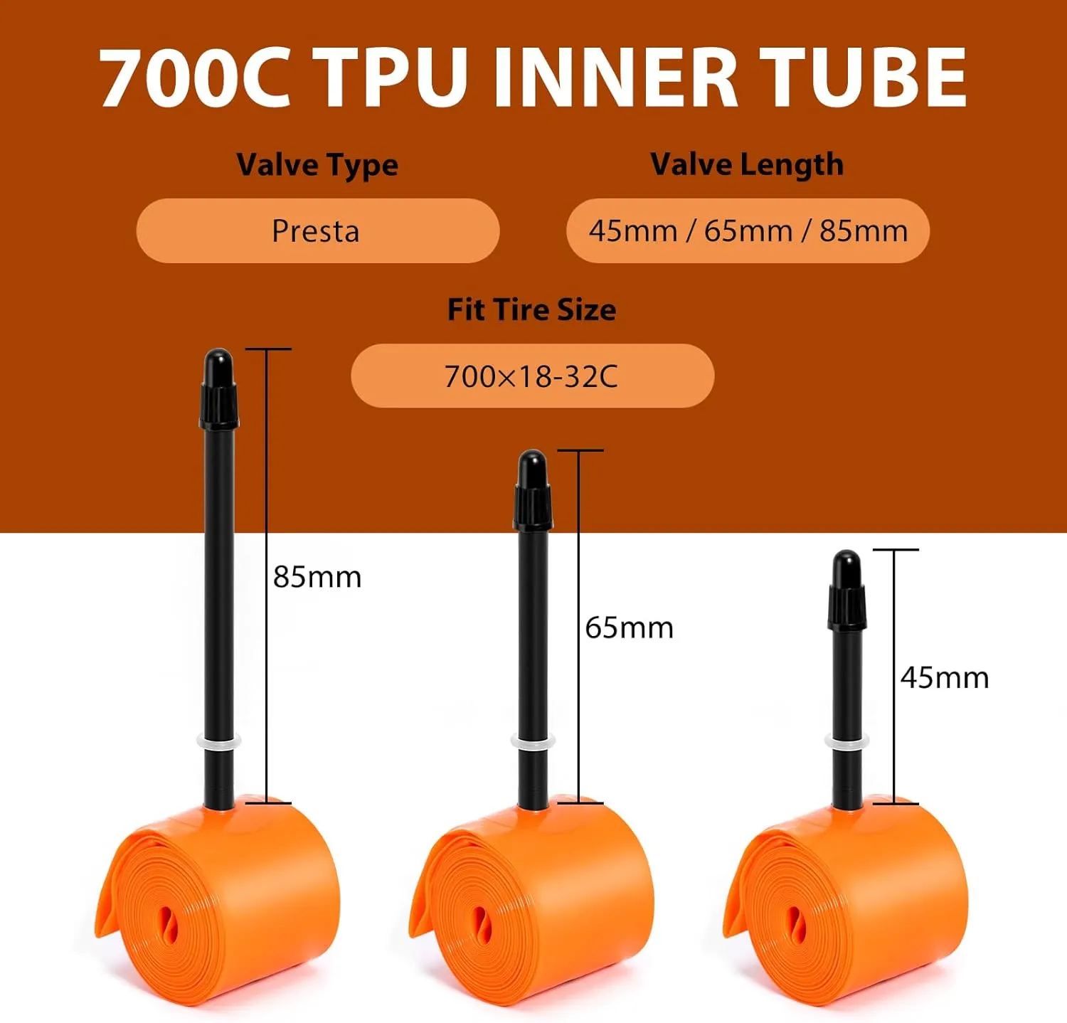 2-Pack TPU 700C×18-32C Bike Inner Tube, Ultralight (ALLRoad & Gravel) Bike Tube with 45mm/65mm/85mm Presta Valves for Road Bike (Include Bike Tube Patch Repair Kit)