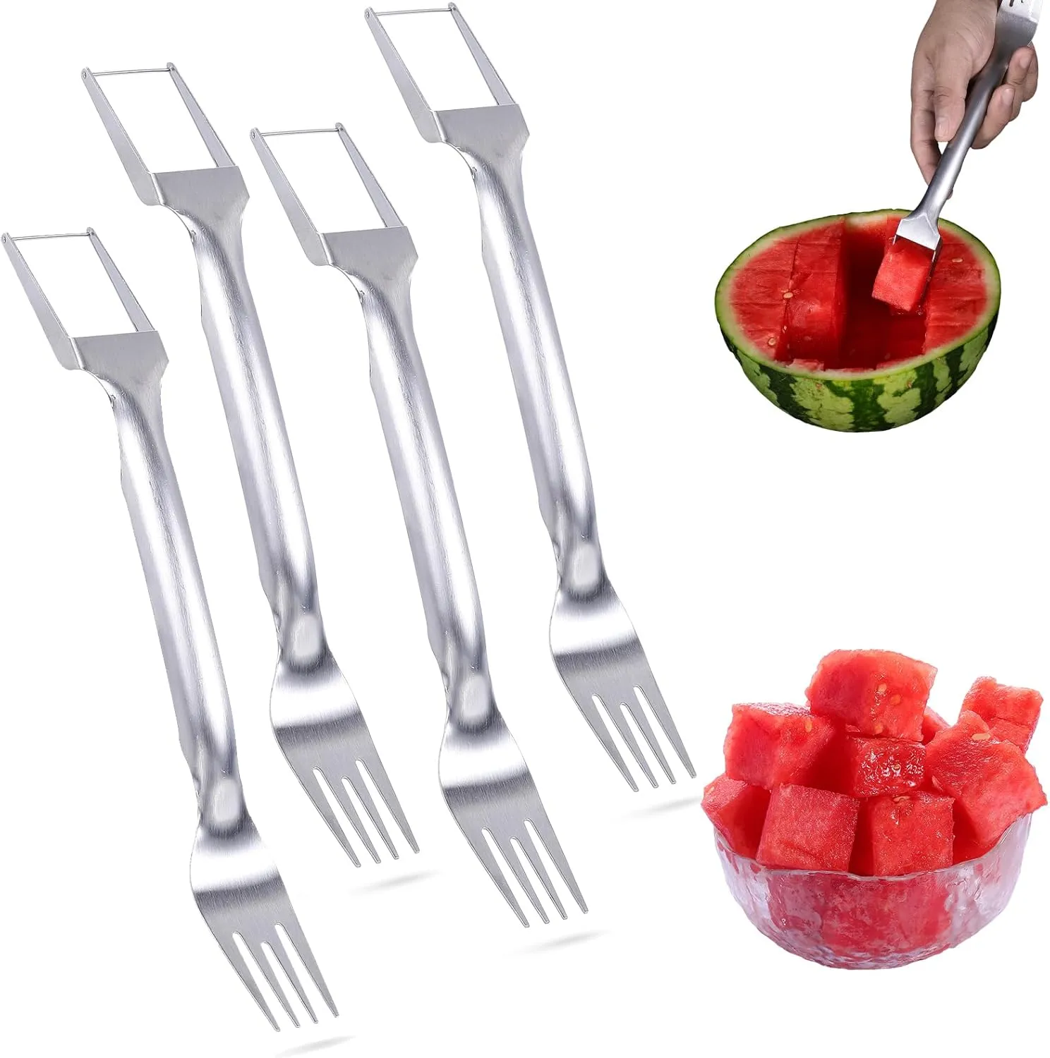 2025 New 2 in 1 Stainless Steel Fruit Cutter, Upgeade Portable Dual Head Stainless Steel Watermelon Cutter, Summer Watermelon Cutting Artifact Fruit Forks Slicer Knife for Parties Camping (5)