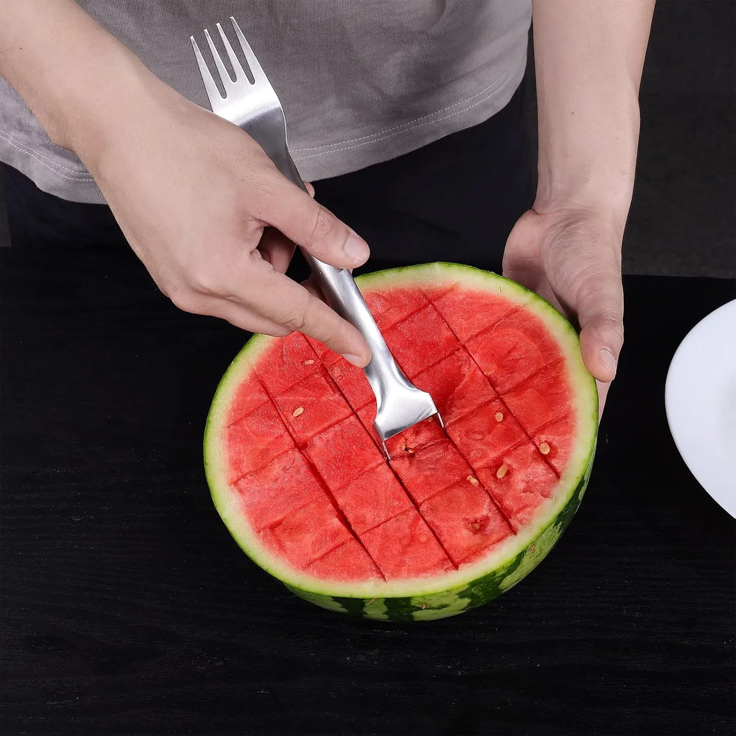2025 New 2 in 1 Stainless Steel Fruit Cutter, Upgeade Portable Dual Head Stainless Steel Watermelon Cutter, Summer Watermelon Cutting Artifact Fruit Forks Slicer Knife for Parties Camping (5)
