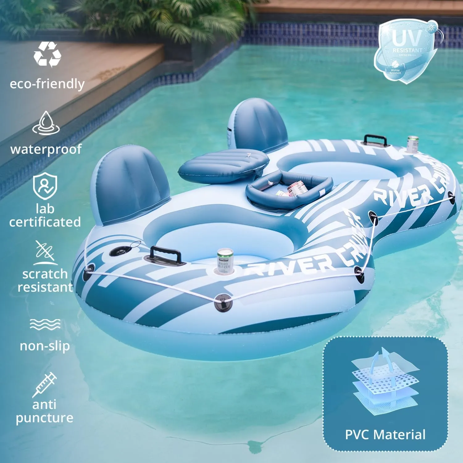 2025 Upgrade River Tube Floats for Adults Heavy Duty Pool Floats Inflatable Water Tube with Cup Holeder, Drink Cooler and Mesh Bottom Backrest (2 Pack Single/Double)