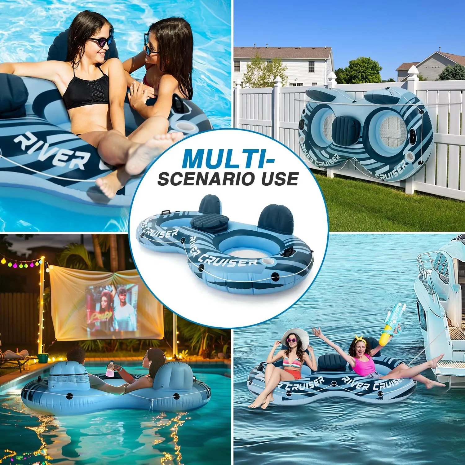 2025 Upgrade River Tube Floats for Adults Heavy Duty Pool Floats Inflatable Water Tube with Cup Holeder, Drink Cooler and Mesh Bottom Backrest (2 Pack Single/Double)