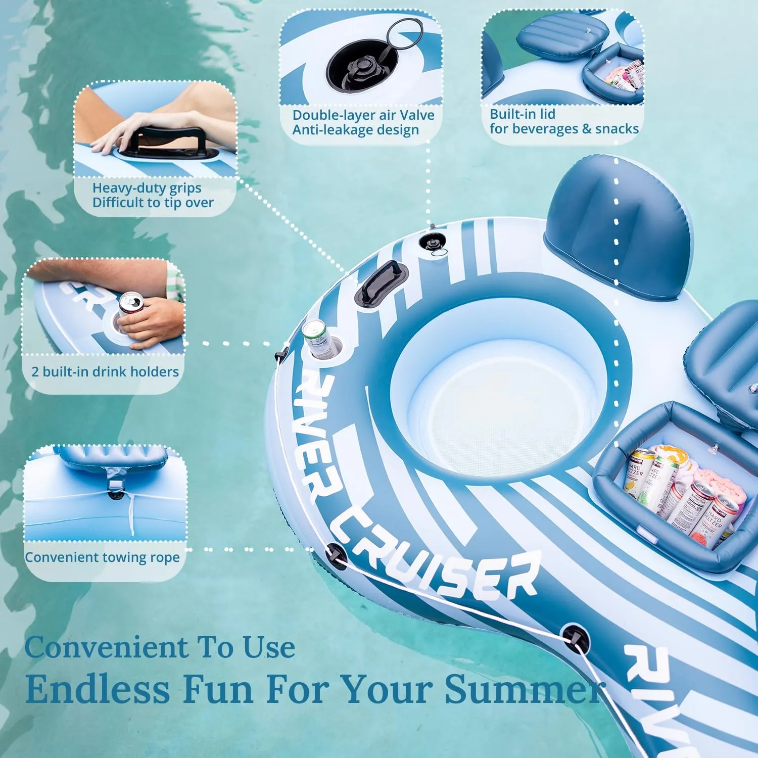 2025 Upgrade River Tube Floats for Adults Heavy Duty Pool Floats Inflatable Water Tube with Cup Holeder, Drink Cooler and Mesh Bottom Backrest (2 Pack Single/Double)