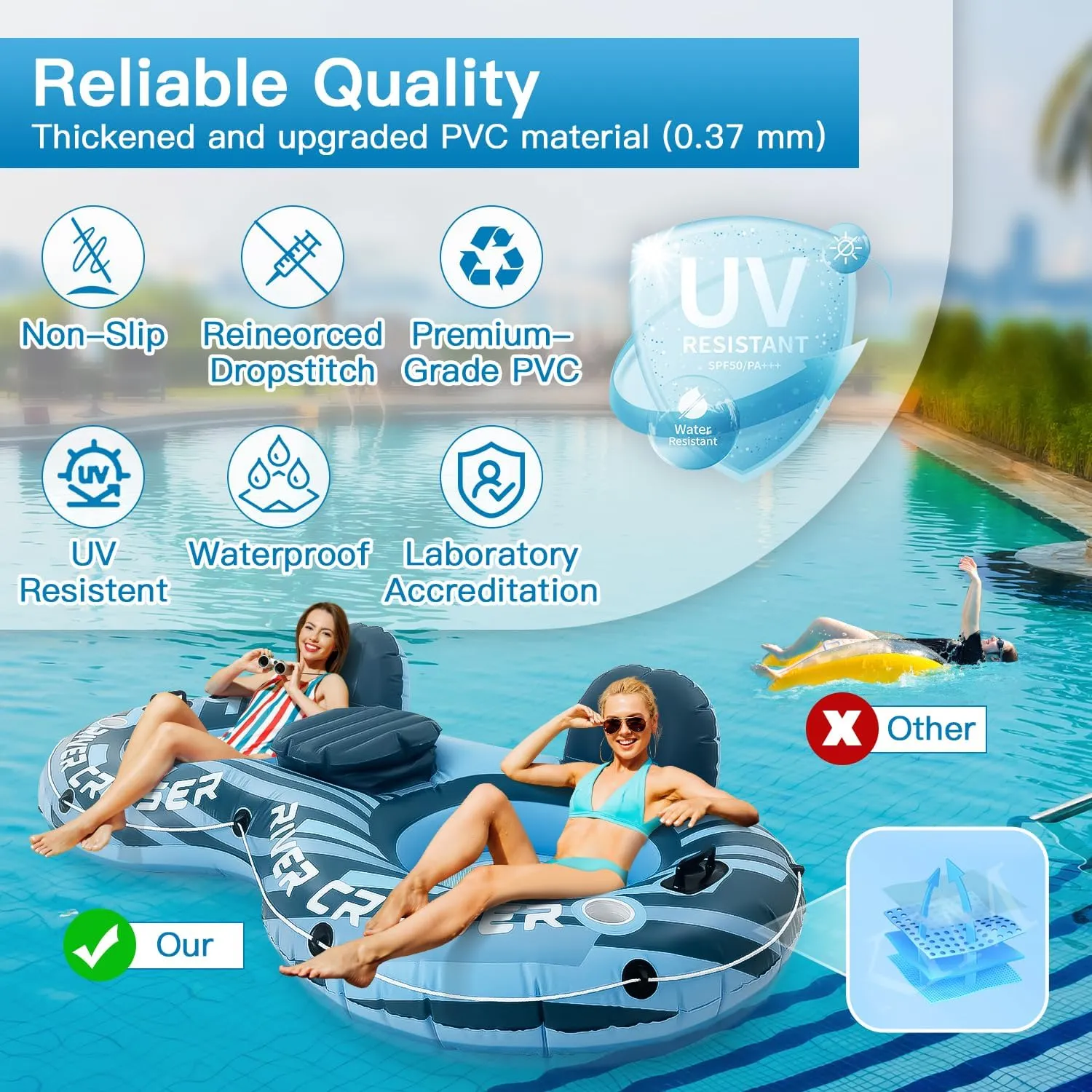 2025 Upgrade River Tube Floats for Adults Heavy Duty Pool Floats Inflatable Water Tube with Cup Holeder, Drink Cooler and Mesh Bottom Backrest (2 Pack Single/Double)