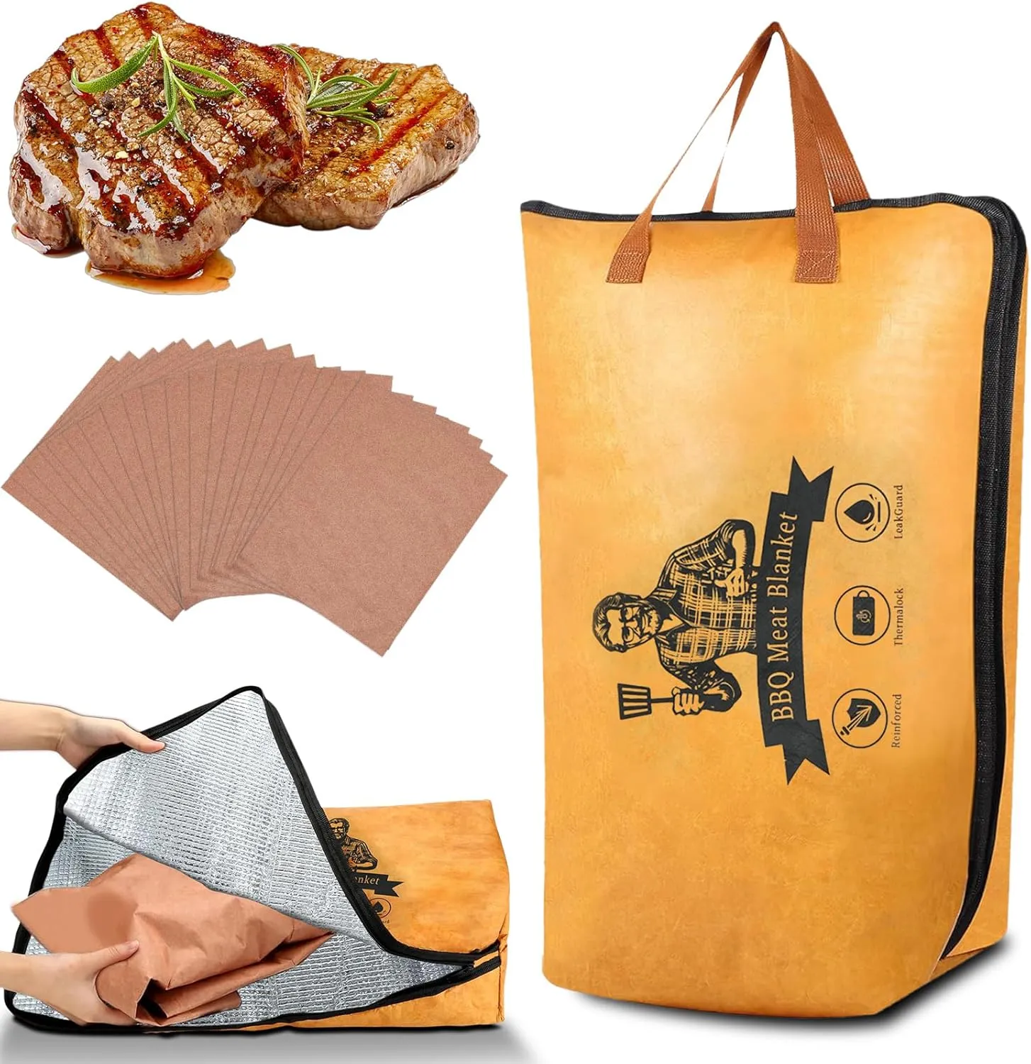21-Inch BBQ Blanket for Resting Meat, 4-Layer Thickened Insulation BBQ Brisket Blanket with Handle & Wide-Mouth Zipper Design for Large Brisket, Beef, Pork Shoulders, Turkeys