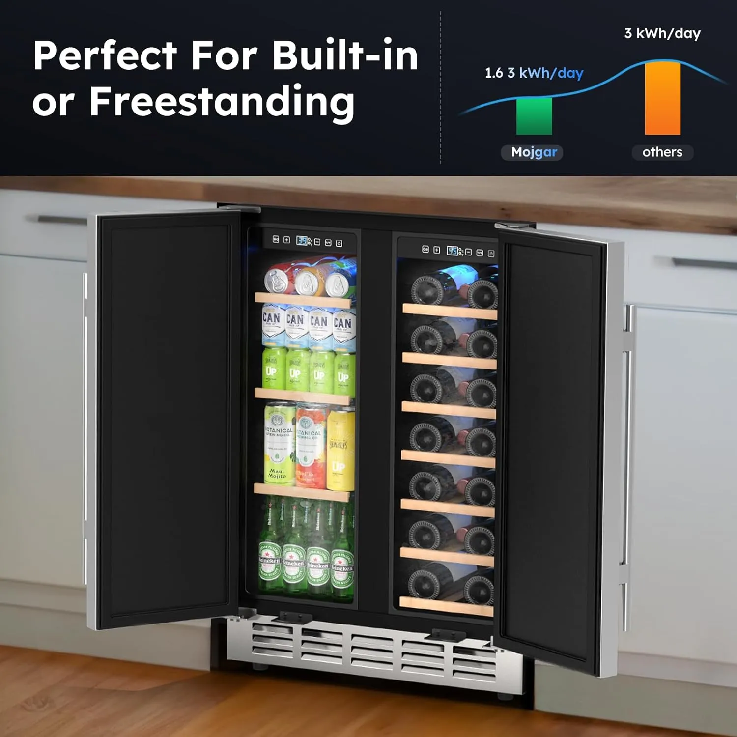 24 Inch Outdoor Wine and Beverage Refrigerator, Weather Proof Dual Zone Wine Fridge, Under Counter Wine Cooler Fridge Built-In or Freestanding, Holds 20 Bottles and 57 Cans (Double Foam Door)