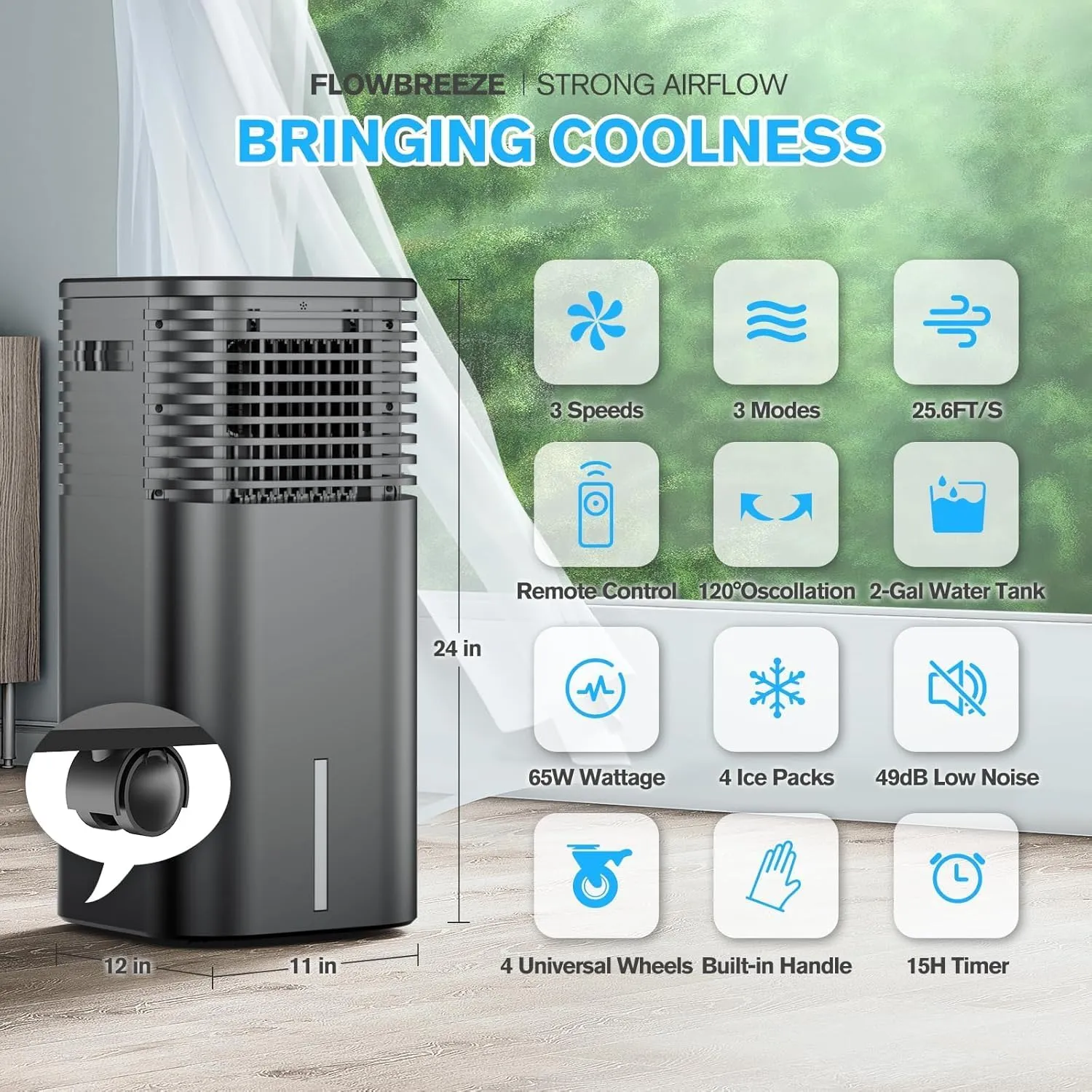24" Windowless Portable Air Conditioner, 15H Timer & 120°Oscillation, 3-IN-1 Portable AC Unit with Remote, 2-Gal Tank, 3 Modes & 3 Speeds, Ultra-Quiet Ventless Swamp Cooler for Room Home Office, Inky