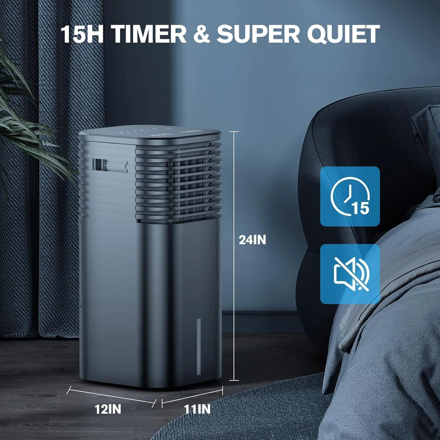 24" Windowless Portable Air Conditioner, 15H Timer & 120°Oscillation, 3-IN-1 Portable AC Unit with Remote, 2-Gal Tank, 3 Modes & 3 Speeds, Ultra-Quiet Ventless Swamp Cooler for Room Home Office, Inky