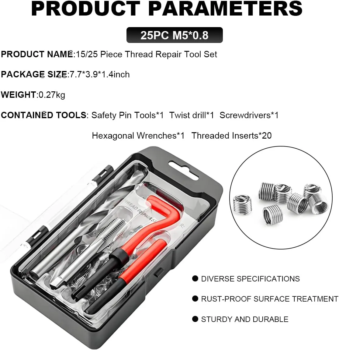 25 PCS Thread Repair Kit, M5×0.8 Metric Thread Repair Tool Set for Automotive Repair, Thread Repair Insert Kit with Hexagon Wrench and Drill, Universal Car Accessories