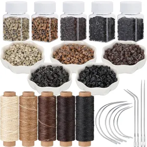 2500 Pcs Hair Extensions Micro Rings Links Beads and 5 Rolls Extensions Sewing Thread and 10 Pieces C/J/I Needles Kit for Human Hair Hand Sewing Wig DIY Craft