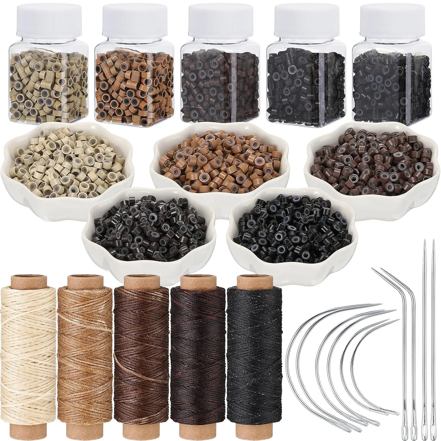 2500 Pcs Hair Extensions Micro Rings Links Beads and 5 Rolls Extensions Sewing Thread and 10 Pieces C/J/I Needles Kit for Human Hair Hand Sewing Wig DIY Craft