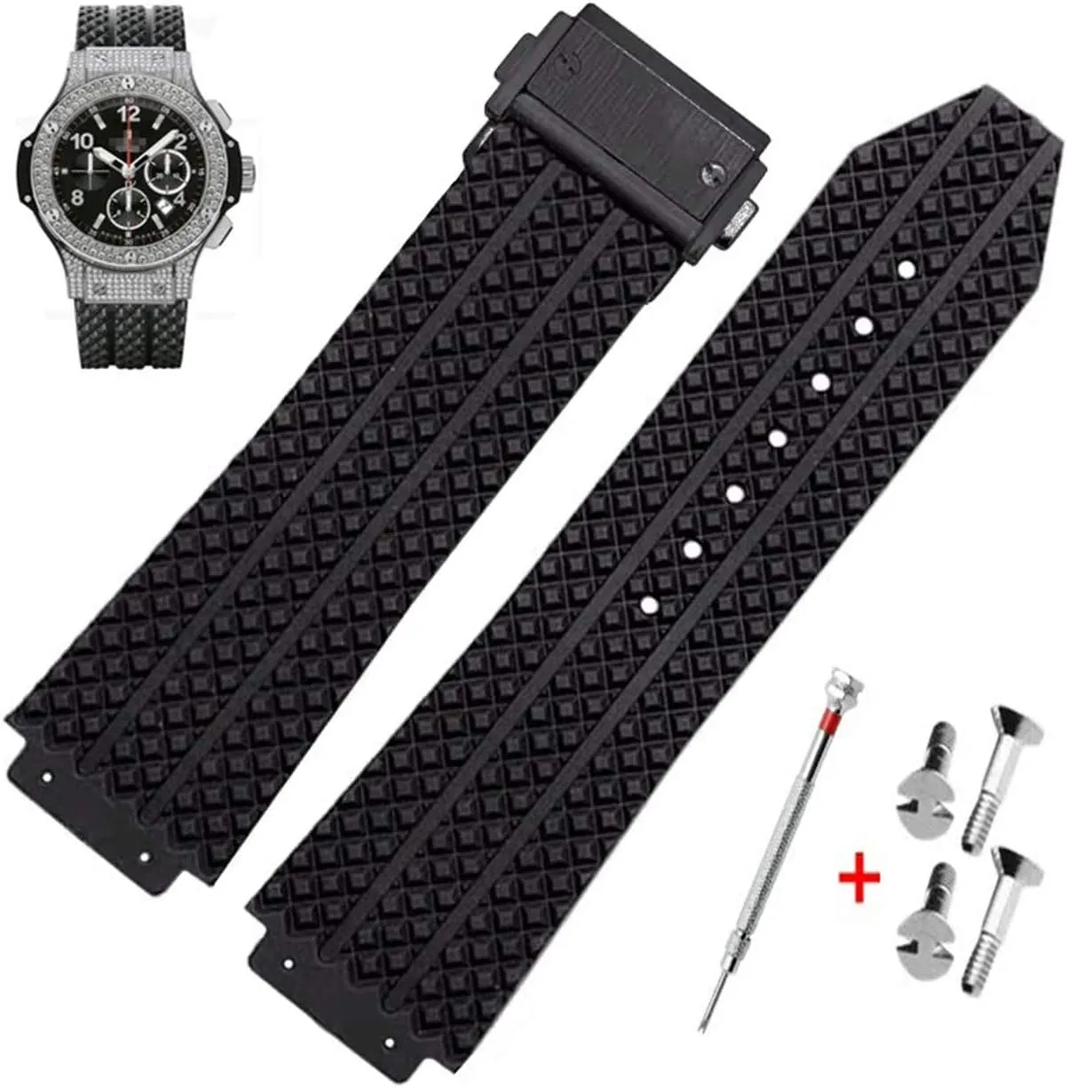 25mm Rubber Watch Strap with Replacement Band Tool for Hublot Big Bang (Black Particle - Black Buckle)