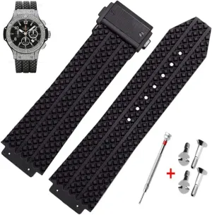 25mm Rubber Watch Strap with Replacement Band Tool for Hublot Big Bang (Black Particle - Black Buckle)