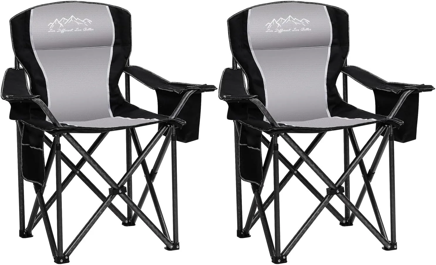 2PCS Folding Camping Chair, Heavy Duty Portable Lawn Chairs with Cooler Bag, Side Pocket & Cup Holder, Folding Chairs for Outside Support 450lbs Black
