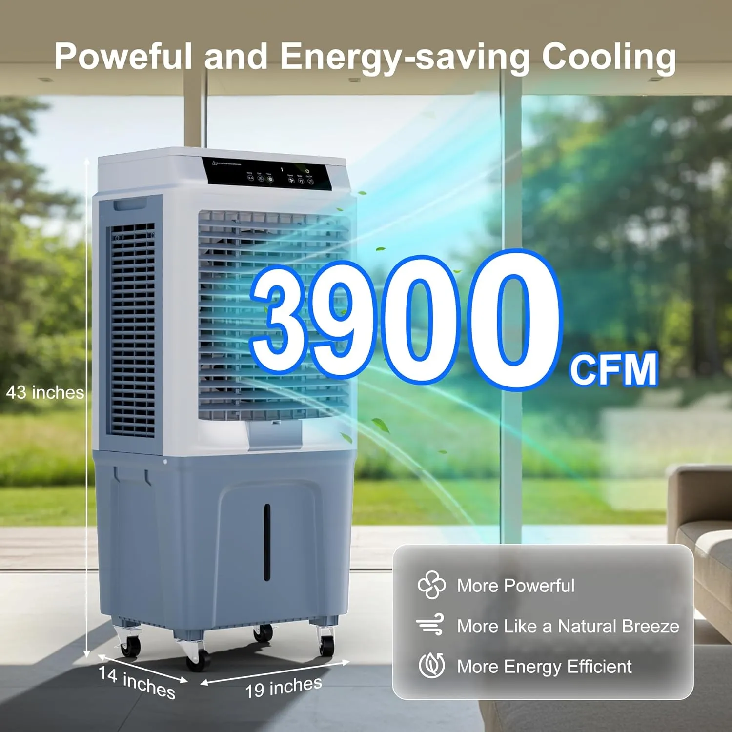 3-IN-1 3900CFM Swamp Cooler, 43“ Portable Evaporative Air Cooler with 10.6 Gallon Tank, Remote Control, 120° Oscillation, 3 Speeds, 12H Timer, 48dB Queit Air Cooling Fan for Indoor Outdoor Use