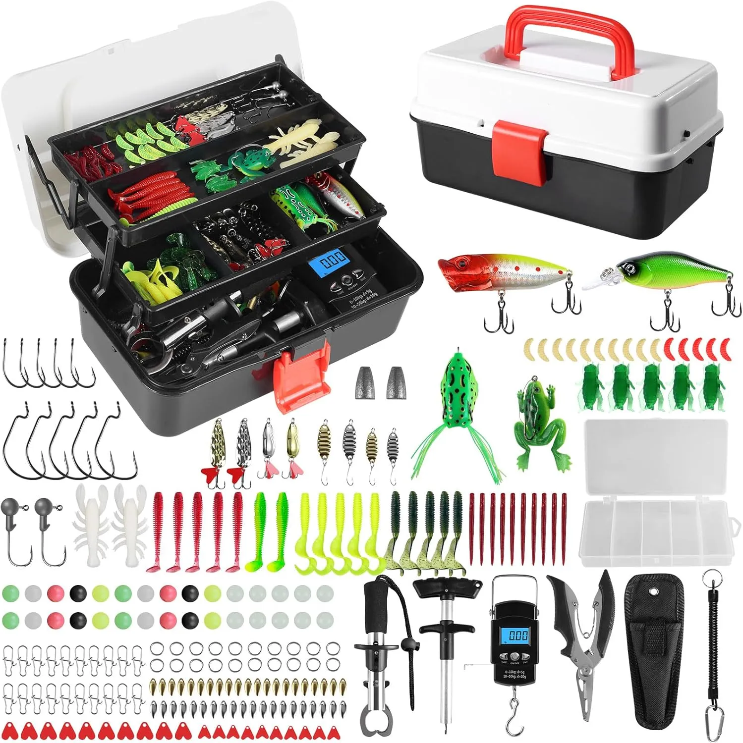 ﻿3 Layers Fishing Tackle Box, 213Pcs Fishing Lures Kit with Small Fishing Tool Kit Containing Weights Scale, Lip Clip, Hook Remover, Fishing Accessories, Fishing Gear for Beginners Kids, Men, Adults