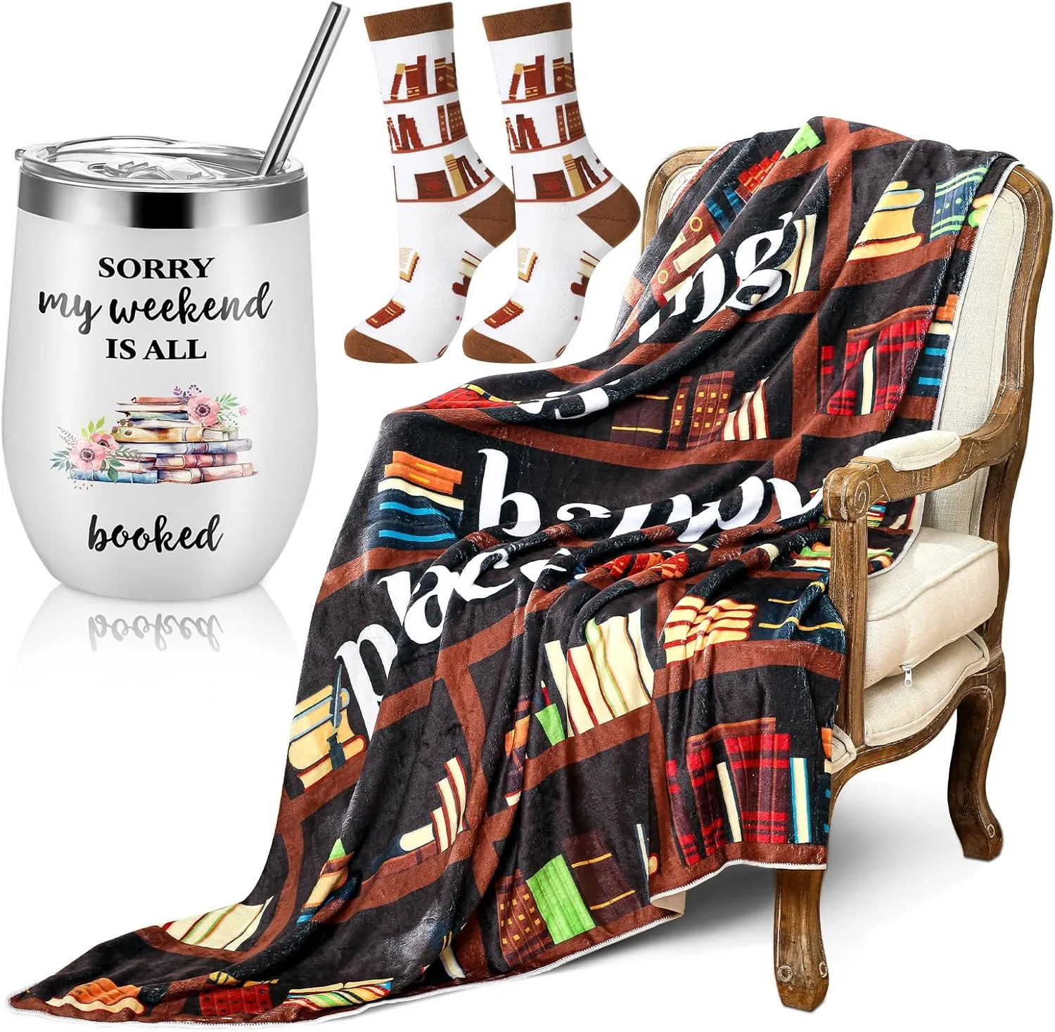 3 Pcs Book Lovers Gifts for Women Include 60'' x 50'' Reading Novelty Blanket Insulated Tumbler Socks for Library Club Librarian Readers Graduation Teacher Mother Gifts