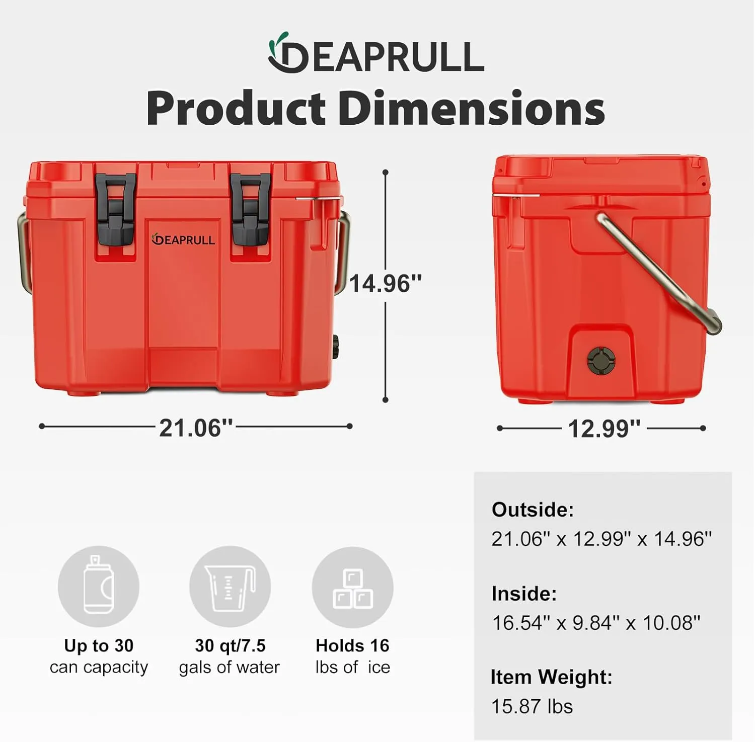 30 Quart Hard Cooler, Insulated Ice Chest Box Holds Ice for More Days, Portable Cooler with Handle, Cup Holders, Double Latches for Camping, Drink, Beverage, Beach, Picnic, Fishing, Boat, Barbecue