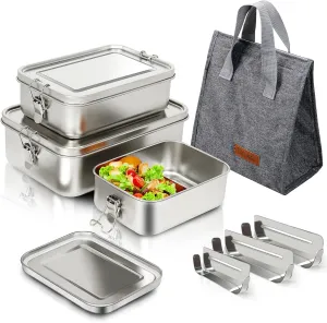 304 Stainless Steel Bento Box 3 Pack Stainless Steel Containers With Lids 81oz/47oz/29oz,Leak-Proof & Stackable Storage Stainless Steel Food Storage Containers for Soup Salad Leftover