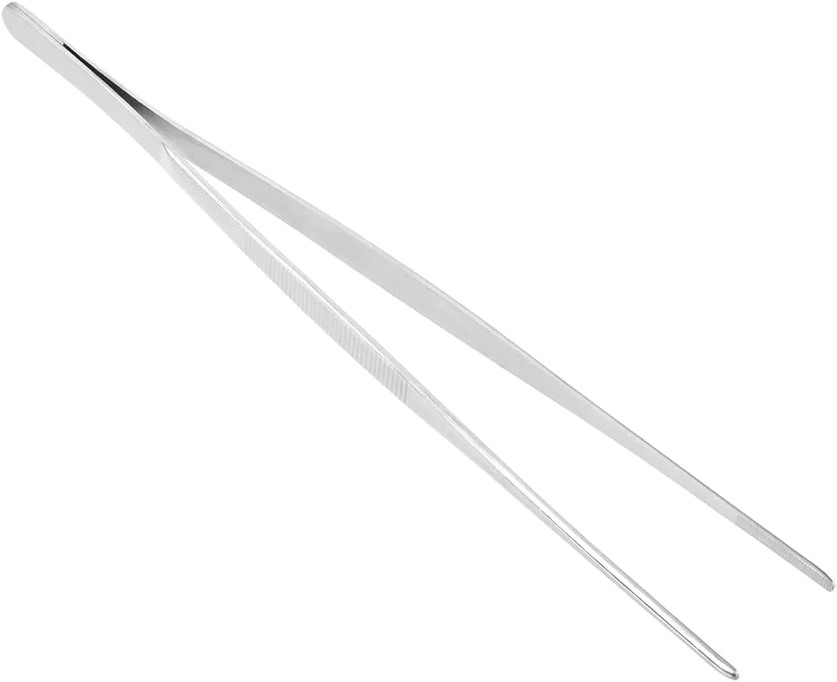 304 Stainless Steel Tweezers Straight Tweezer Multi Purpose Tweezers Flat Round Tip for Plants, Facial Ingrown Hairs Splinter Remover Daily Beauty Tool with Round Tip 300mm 1pcs