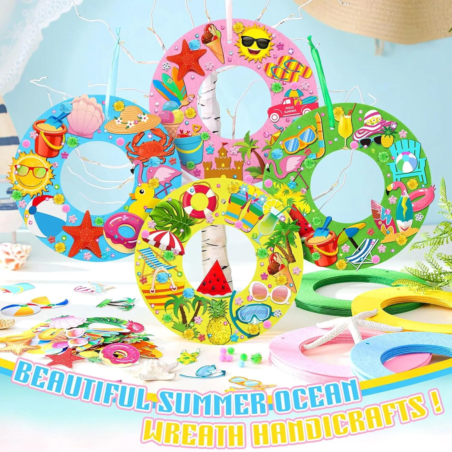 32 Sets Summer Hawaii Crafts Kits DIY Felt Wreath Making Kits Tropical Beach Crafts with Flamingo Palm Pineapple Watermelon Surfboard Stickers for Home Summer Party Decorations