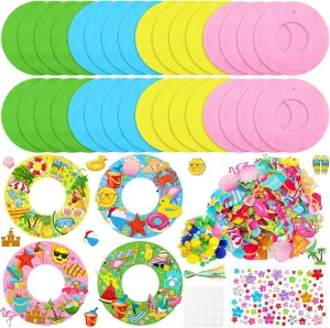32 Sets Summer Hawaii Crafts Kits DIY Felt Wreath Making Kits Tropical Beach Crafts with Flamingo Palm Pineapple Watermelon Surfboard Stickers for Home Summer Party Decorations