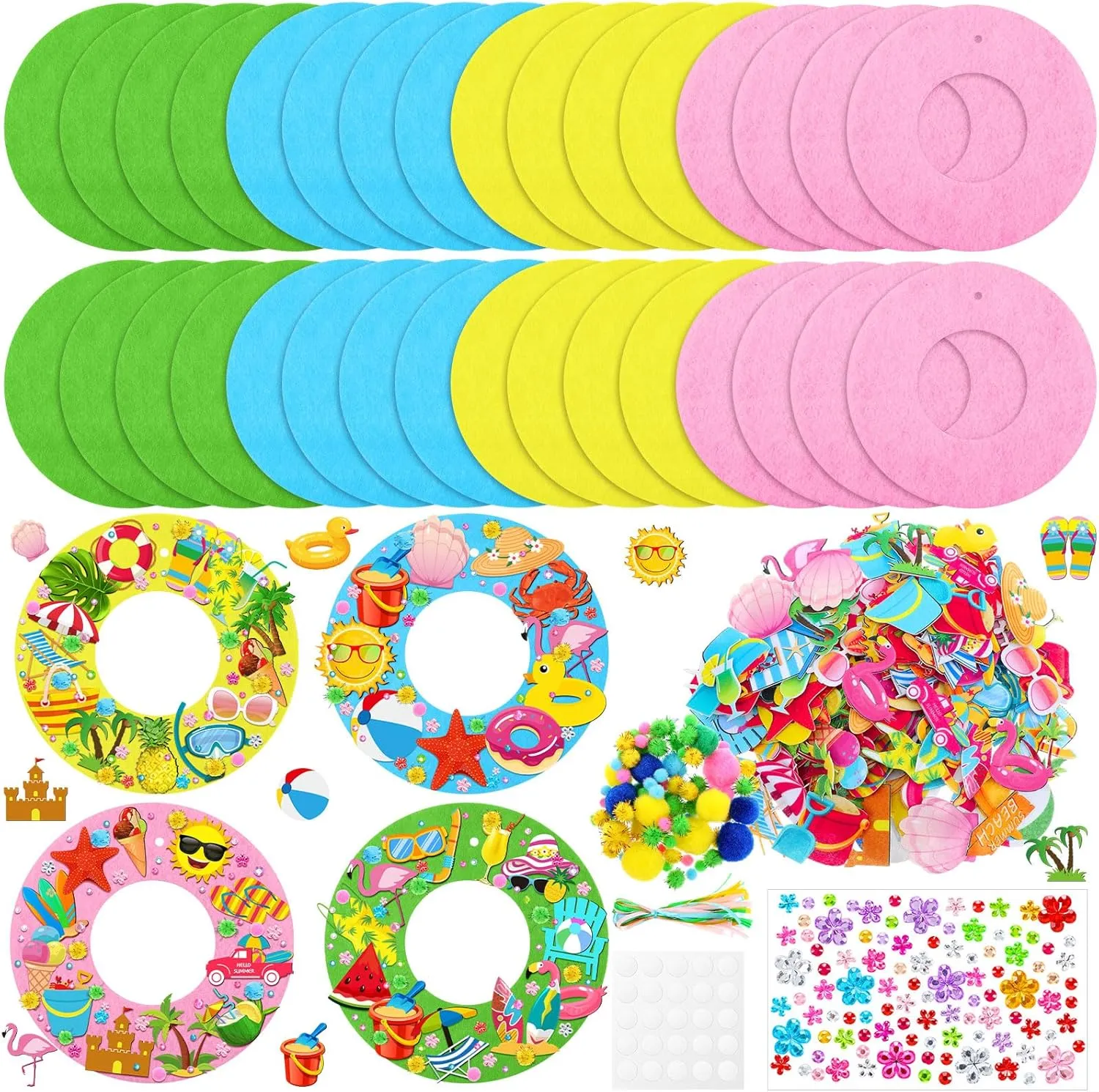 32 Sets Summer Hawaii Crafts Kits DIY Felt Wreath Making Kits Tropical Beach Crafts with Flamingo Palm Pineapple Watermelon Surfboard Stickers for Home Summer Party Decorations
