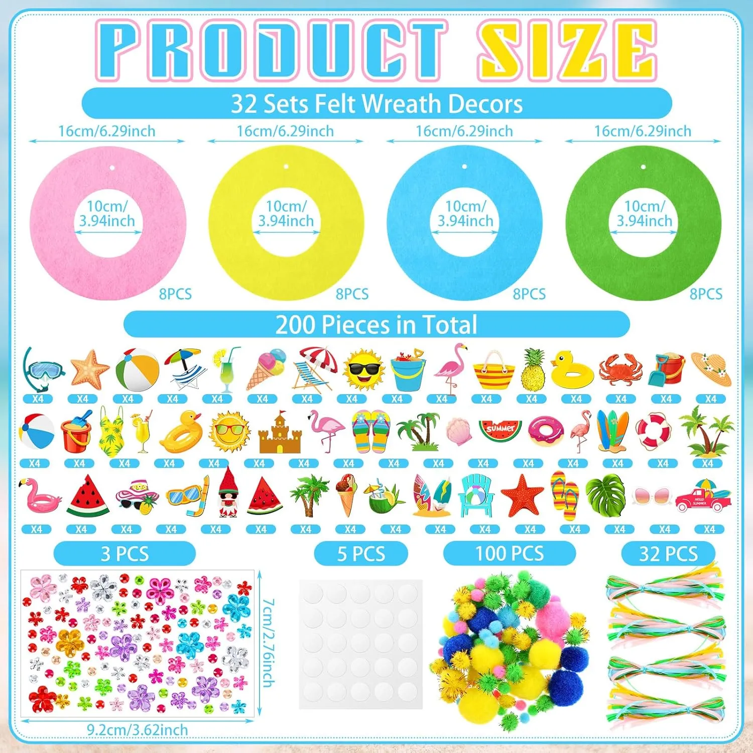32 Sets Summer Hawaii Crafts Kits DIY Felt Wreath Making Kits Tropical Beach Crafts with Flamingo Palm Pineapple Watermelon Surfboard Stickers for Home Summer Party Decorations