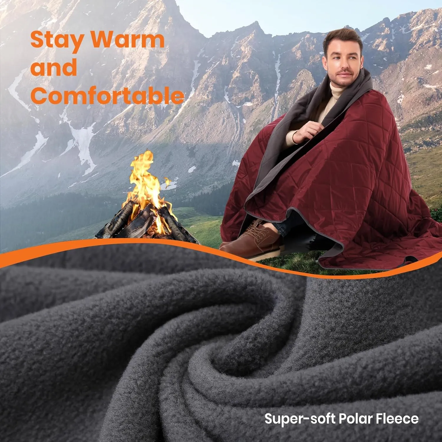 4-in-1 Large Outdoor Blanket - Waterproof & Windproof Thickened Warm Fleece Camping Blanket for Stadium, Hiking, Sporting Events - 81"x57", Packable (Antique Ruby)