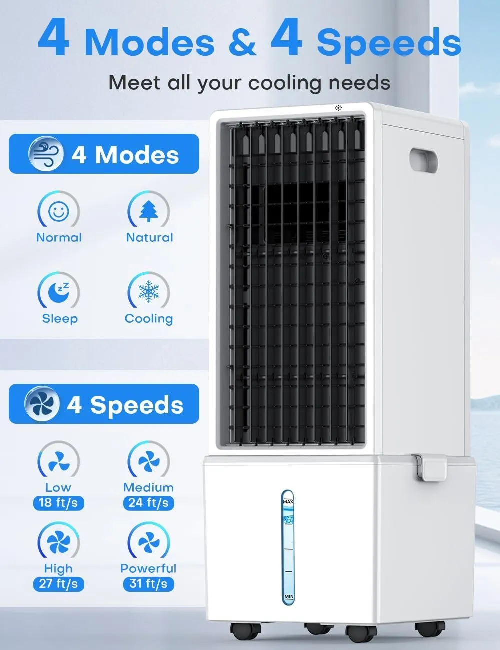 4-IN-1 Portable Air Conditioners w/3.2-Gal Tank for 24H Cooling, 4 Powerful Wind Speeds & 4 Modes, LED Touch Screen, Waterless Alert System & 12H Timer, Remote, Evaporative Air Cooler for Home