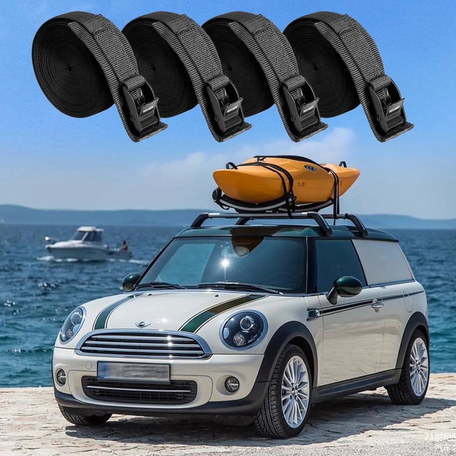 4-Pack Kayak Tie Down Straps Heavy Duty Cam Buckle Tie Downs Adjustable for Trucks Motorcycles Boat RV - Ratchet Lashing Straps with Storage Bag, Roof Rack Trailer Cargo Securement 1" x16.4ft