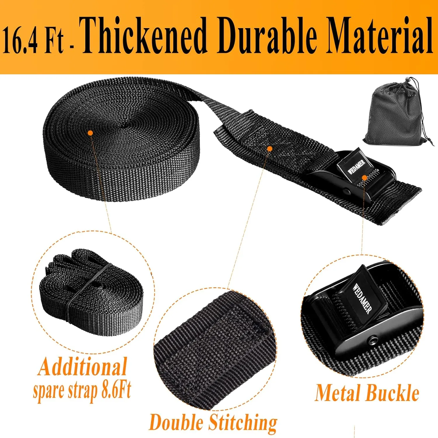 4-Pack Kayak Tie Down Straps Heavy Duty Cam Buckle Tie Downs Adjustable for Trucks Motorcycles Boat RV - Ratchet Lashing Straps with Storage Bag, Roof Rack Trailer Cargo Securement 1" x16.4ft