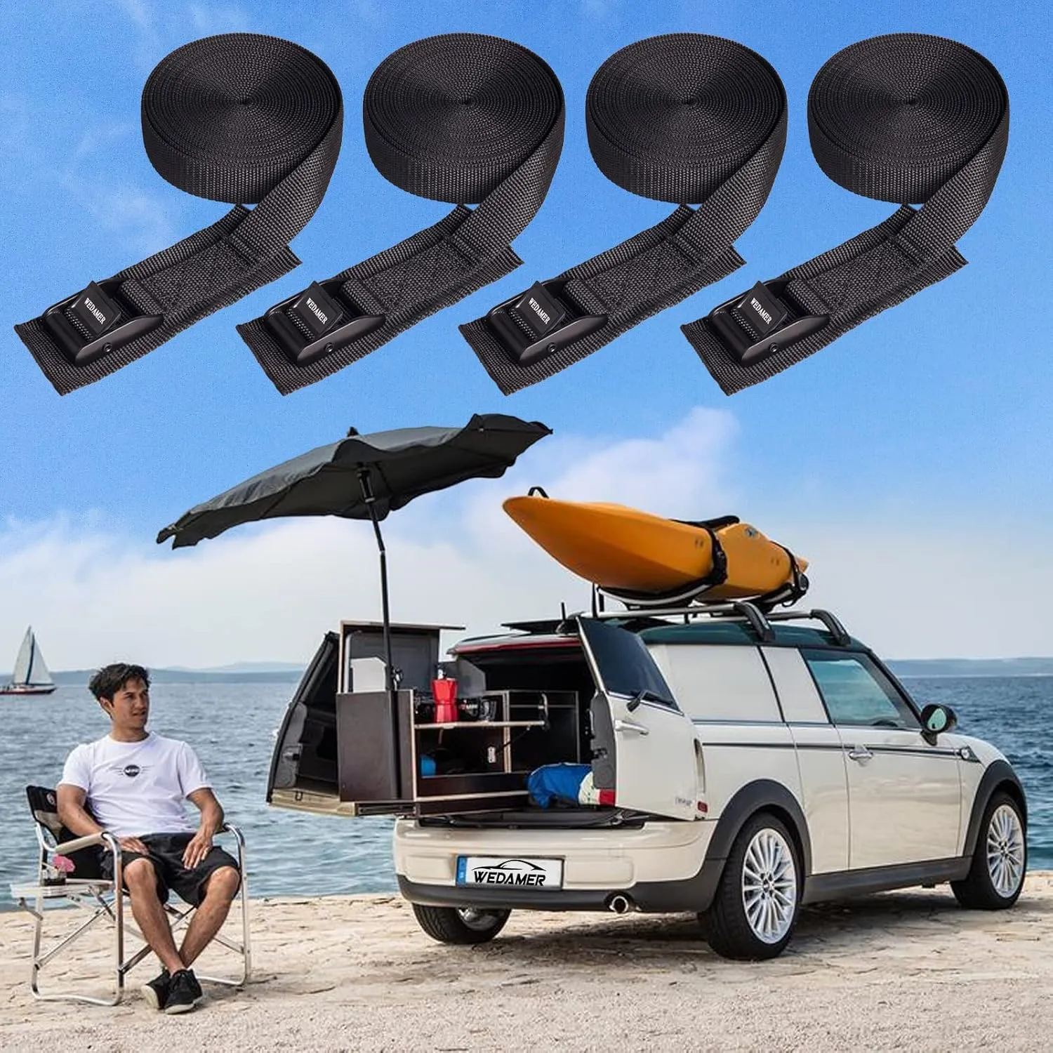 4-Pack Kayak Tie Down Straps Heavy Duty Cam Buckle Tie Downs Adjustable for Trucks Motorcycles Boat RV - Ratchet Lashing Straps with Storage Bag, Roof Rack Trailer Cargo Securement 1" x16.4ft