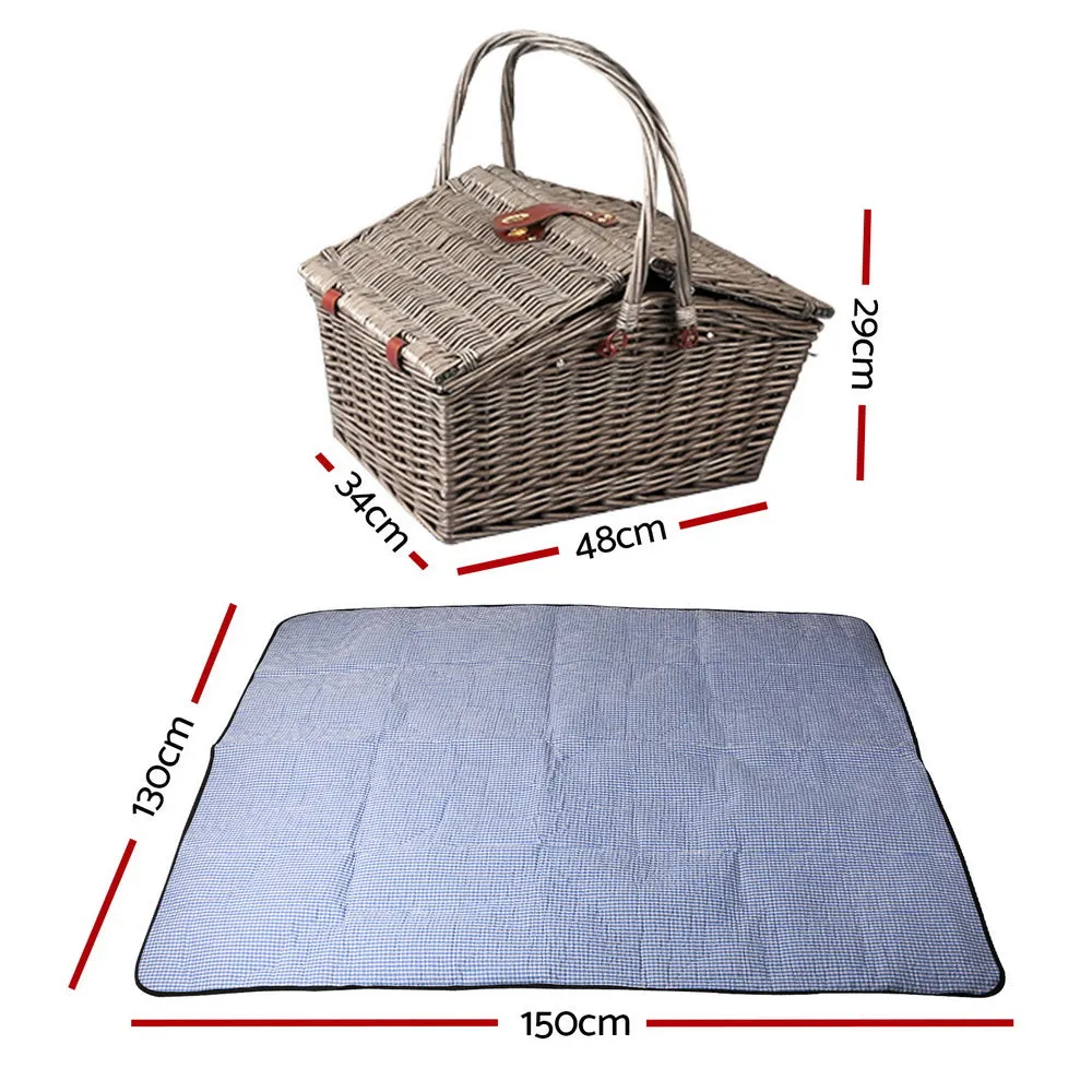 4 Person Willow Picnic Basket Set with Insulated Blanket Bag