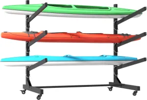 40.95" H Freestanding Kayak Storage Rack Holds 3 Kayaks Heavy Duty Adjustable Kayak Storage Stand with Lockable Wheels for Kayak Canoe SUP and Surfboard 45.87" Wx28.94 Dx40.95 H
